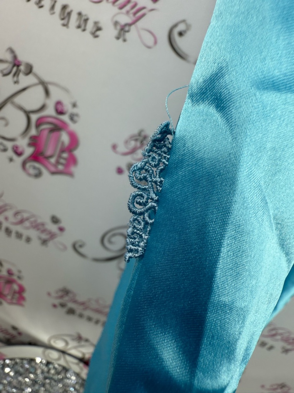 Silk and Satin dress rhinestone diamond Aqua Slip Dress with Keyhole Detail - Picture 11 of 13